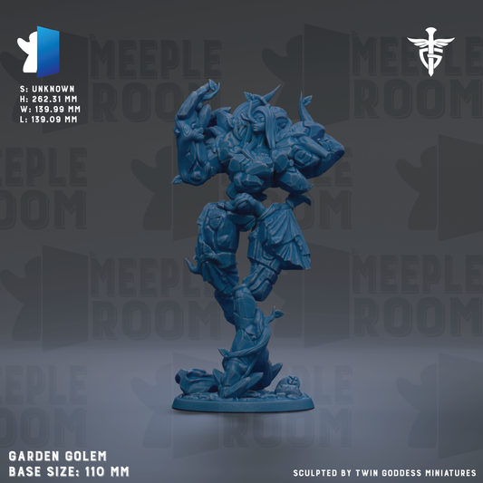 The image is a 3D model of a blue, metallic, robotic figure with a human-like appearance, standing on a base. The figure is described as a "Garden Golem" and is "sculpted by Twin Goddesses miniatures". The background of the image is a dark gray color, and there is text and logos related to the game or studio.