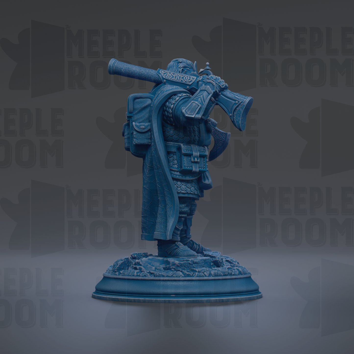 A blue statue of a person holding a large object, possibly a weapon, standing on a base.
