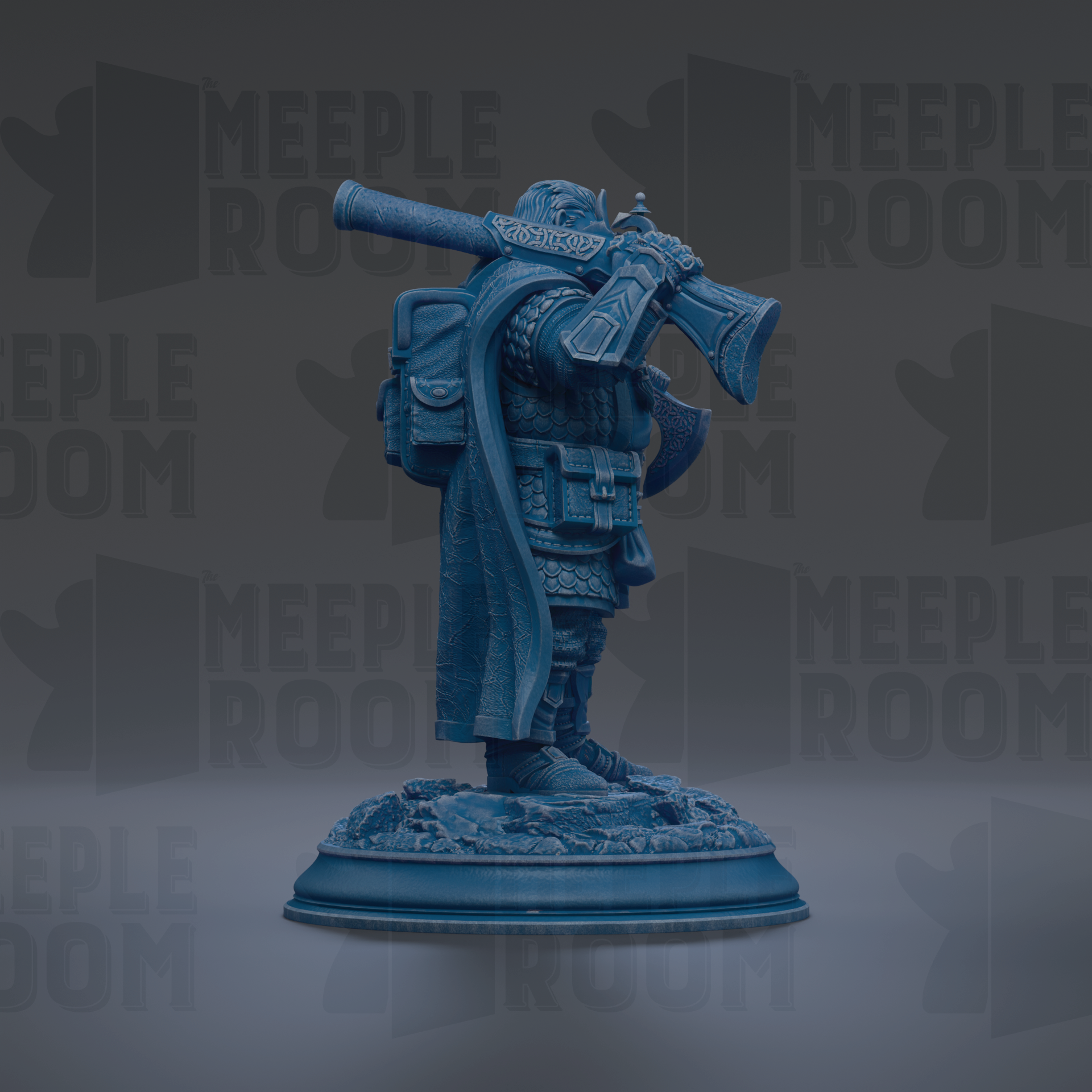 A blue statue of a person holding a large object, possibly a weapon, standing on a base.