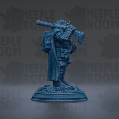A blue statue of a person holding a large object, possibly a weapon, standing on a base.