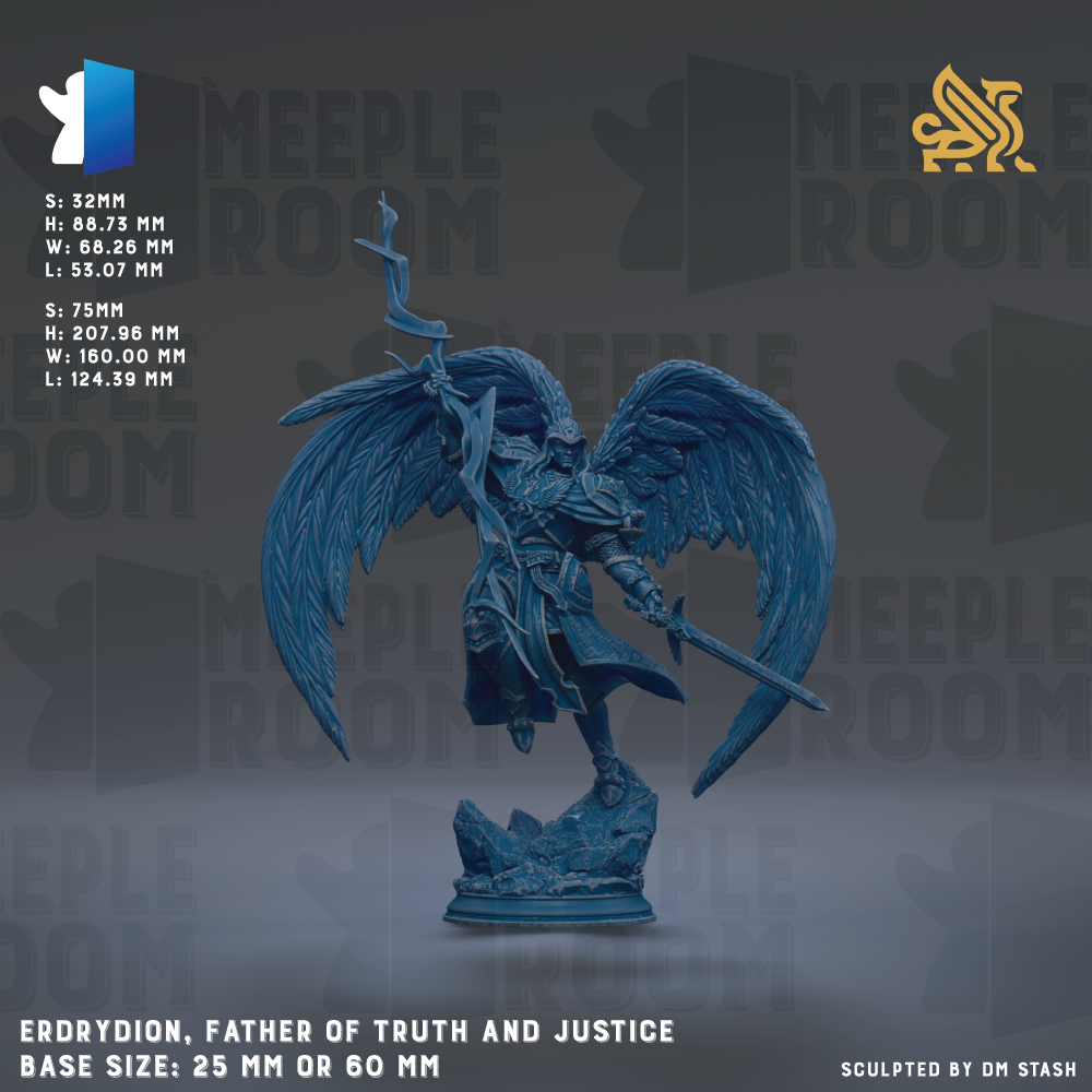 A figurine of a winged figure, likely representing a father, is shown against a dark background. The figurine is described as "ERRYDION, FATHER OF TRUTH AND JUSTICE" and has a base size of either 25mm or 60mm. The image is a collage of various images, and the phrase "The image depicts" is not used.