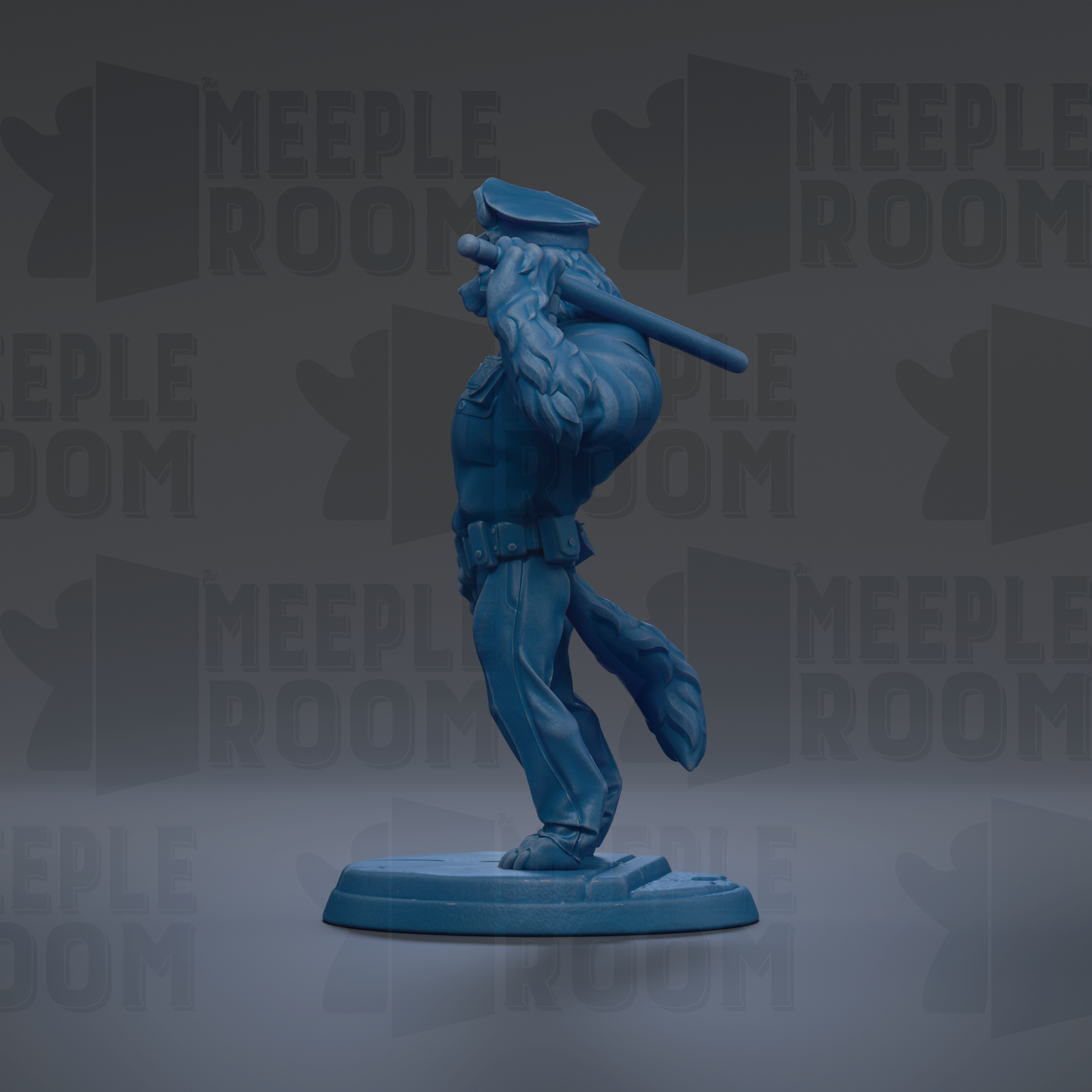 A blue figurine of a police officer holding a baton, standing on a base.
