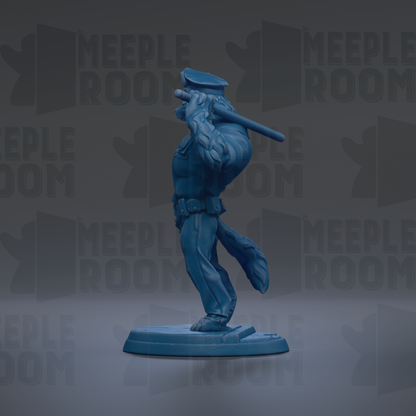A blue figurine of a police officer holding a baton, standing on a base.