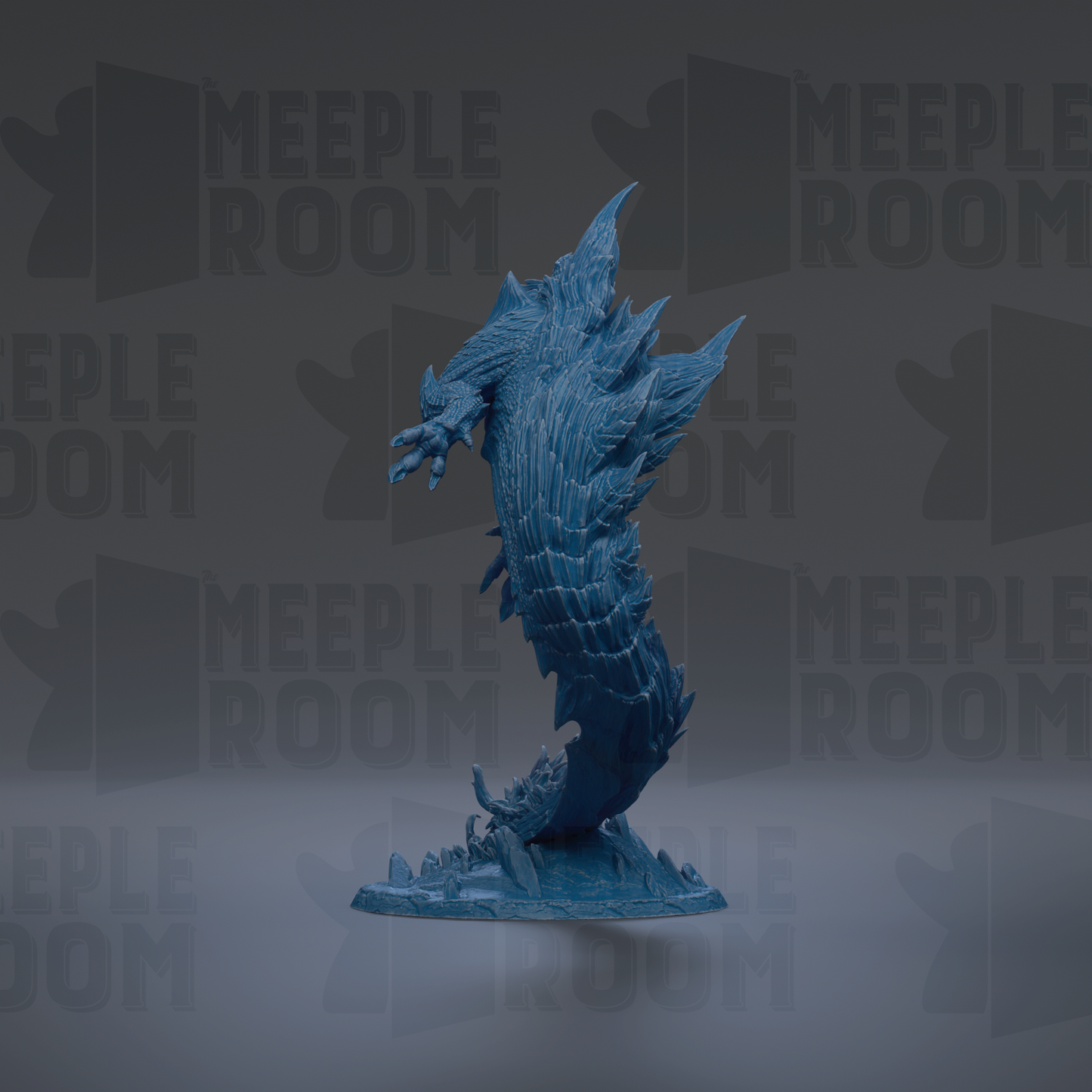 A blue, fantastical creature resembling a dragon or serpent is depicted in the center of the image, surrounded by a dark background with repeated text.