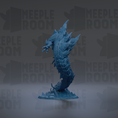 A blue, fantastical creature resembling a dragon or serpent is depicted in the center of the image, surrounded by a dark background with repeated text.