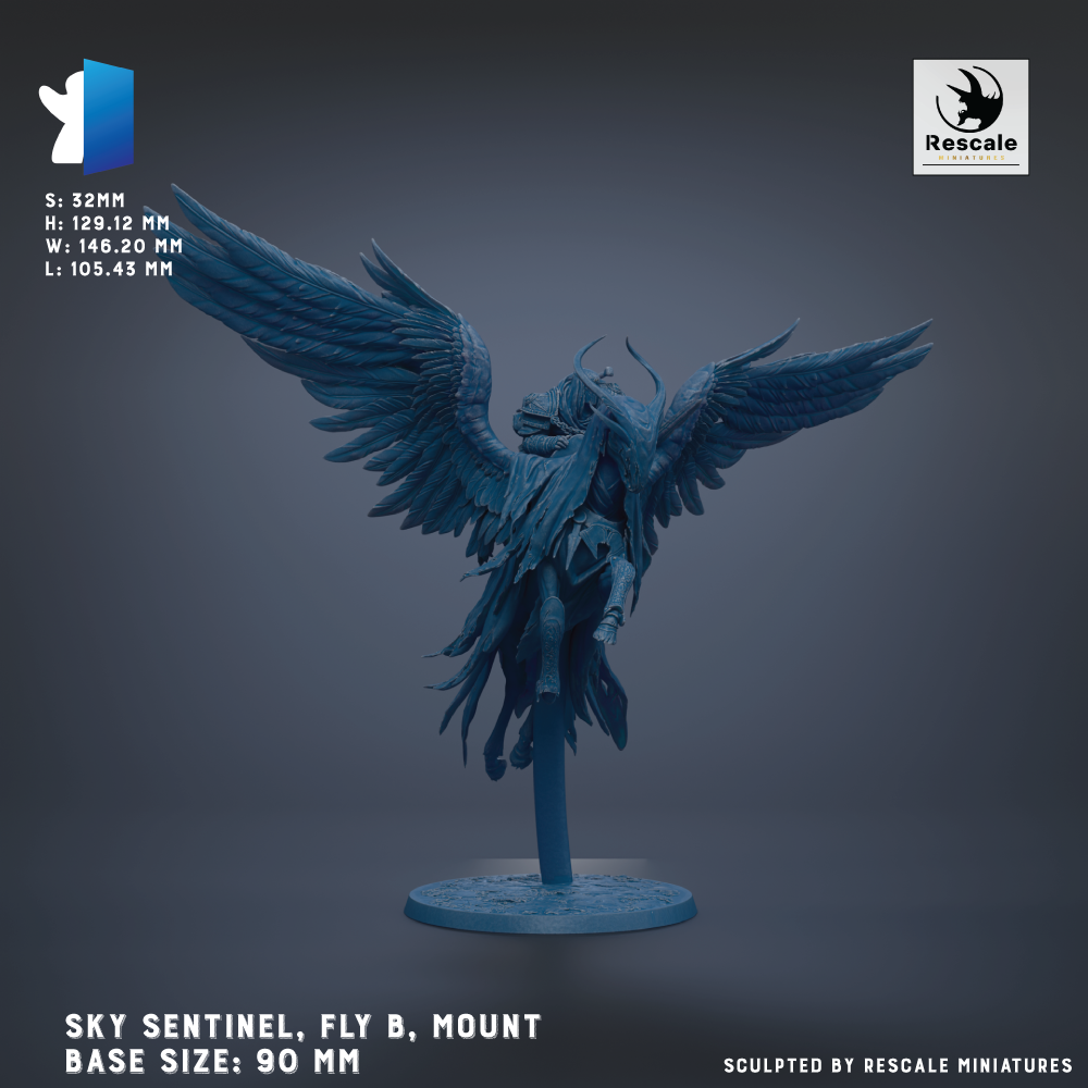 A 3D model of a winged creature, likely a mythical or fantastical being, with large wings and a detailed design. The creature appears to be a combination of a bird and a dragon-like figure. The image is described as a "SKY SENTINEL, FLY B. Mount" and is shown in a 3D rendering, with the base sizes being 90 mm. The image is described as being "Sculpted by RESCALE MINIATURES".