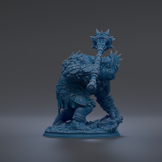 A 3D rendering of a blue armored figure wielding a large weapon, standing on a base.