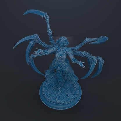 A 3D rendering of a blue, metallic, robotic figure with multiple arms and sharp, angular weapons.