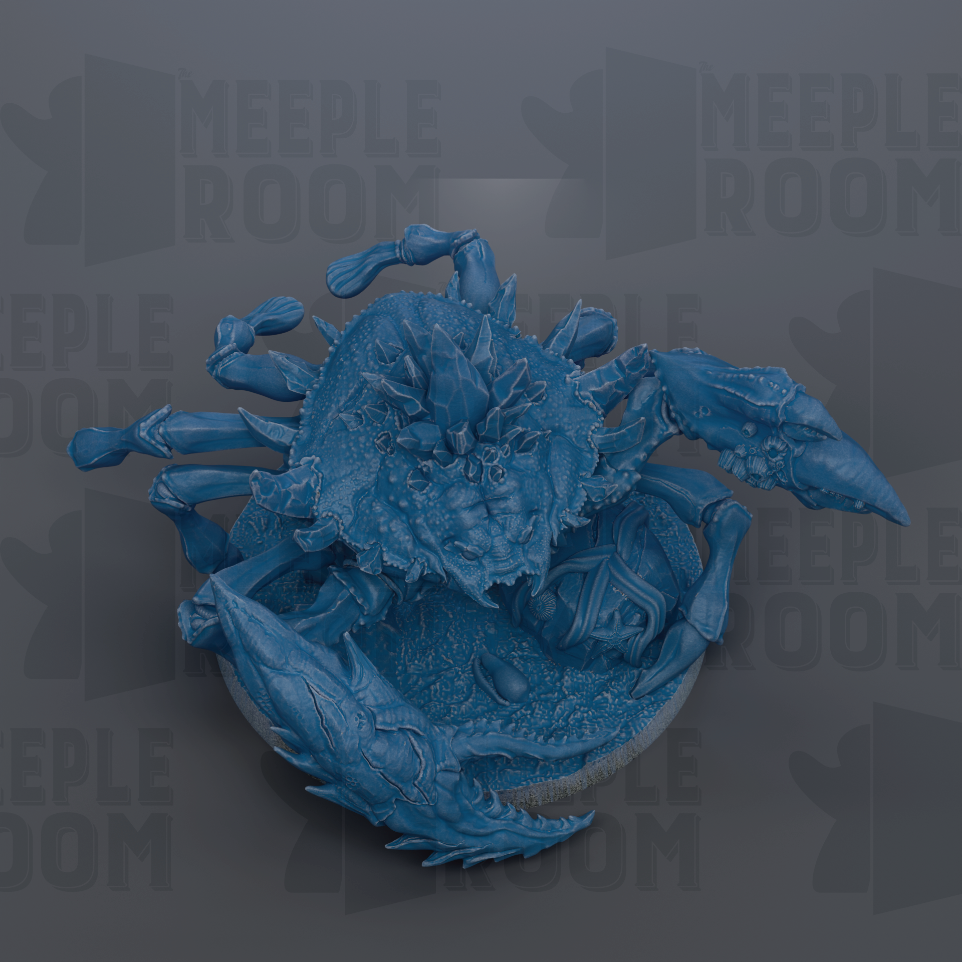 A 3D rendering of a blue crab-like creature with multiple legs and claws, set against a dark background with repeated text.