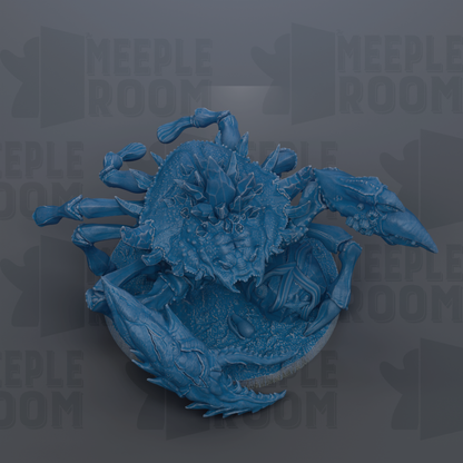 A 3D rendering of a blue crab-like creature with multiple legs and claws, set against a dark background with repeated text.