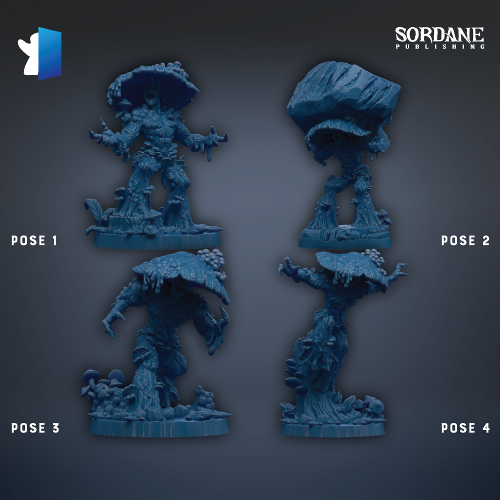 four blue figurines of mushrooms, each with different poses, arranged in a grid against a dark background.