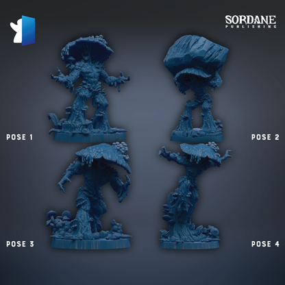 four blue figurines of mushrooms, each with different poses, arranged in a grid against a dark background.