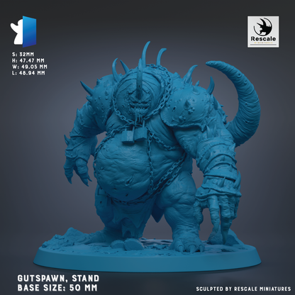 A 3D model of a gutspawn, a type of fantasy creature, is shown in the image. The gutspawn is depicted in a crouched position, standing on a base that is 50 millimeters in size. The image is a 3D rendering of the gutspawn, and it is described as a "sculpted by Rescale miniatures".