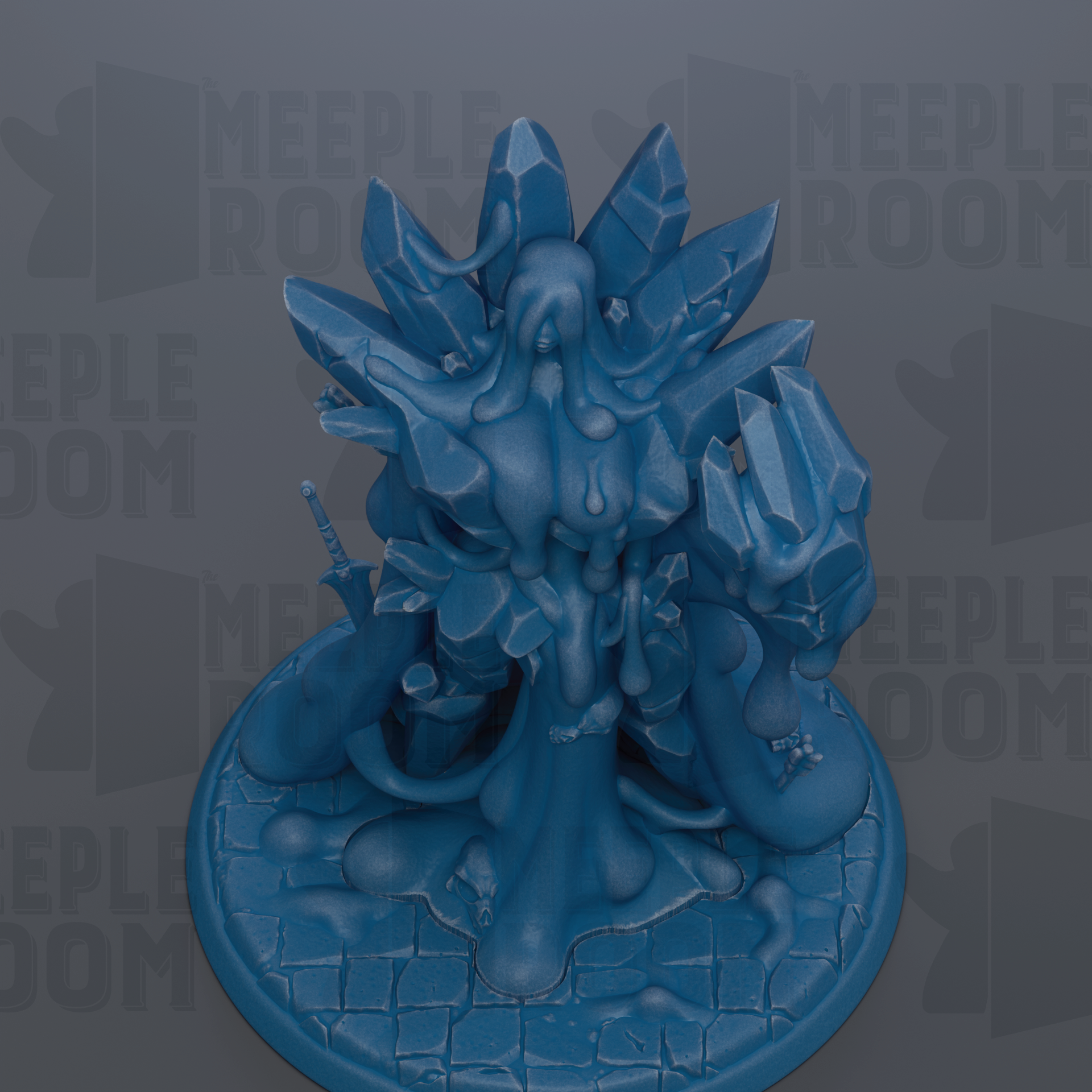 A blue, abstract sculpture with a fluid, organic shape and a textured surface, set against a dark background with repeated text.