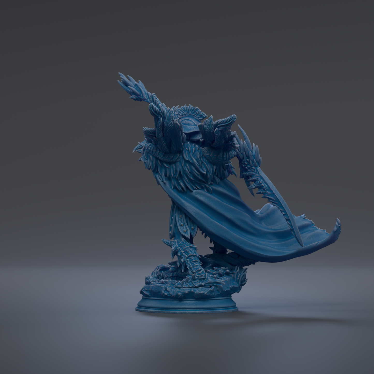 A 3D rendering of a blue dragon statue with a flowing cape, standing on a base against a dark background.