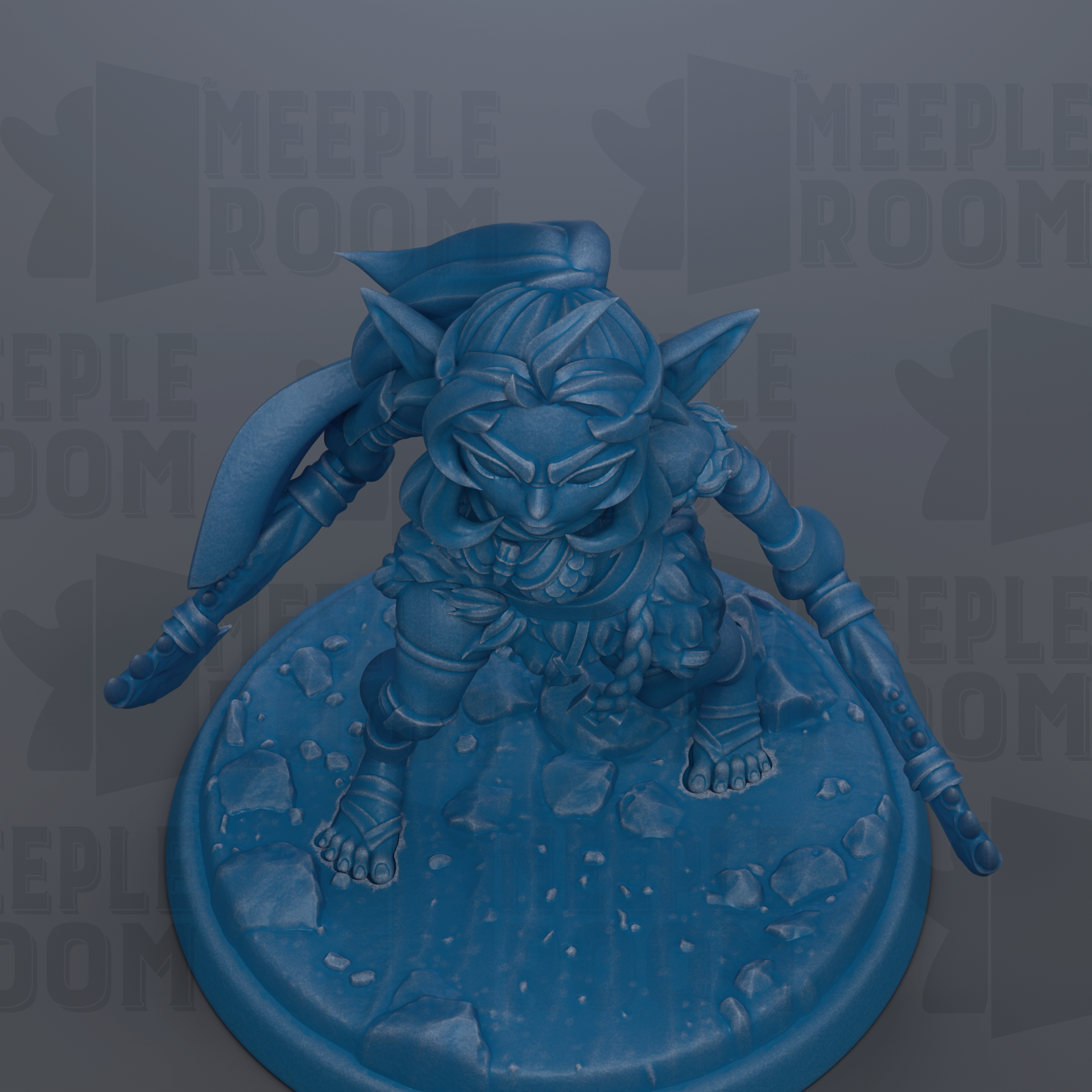 A blue figurine of a character with a sword and shield, standing on a rocky surface.