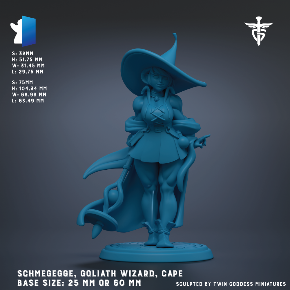 The image is a 3D rendering of a female character in a wizarding outfit, standing on a base that is either 25 mm or 60 mm in size. The character is depicted in a dynamic pose, with a large hat and a flowing cape. The image is a 3D model of a female wizard, and it is presented in a realistic style.