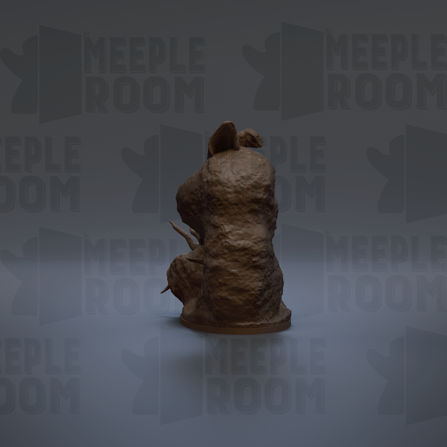 A 3D rendering of a brown, textured statue or sculpture, with the text "MEIPLLE ROOM" repeated in the background.