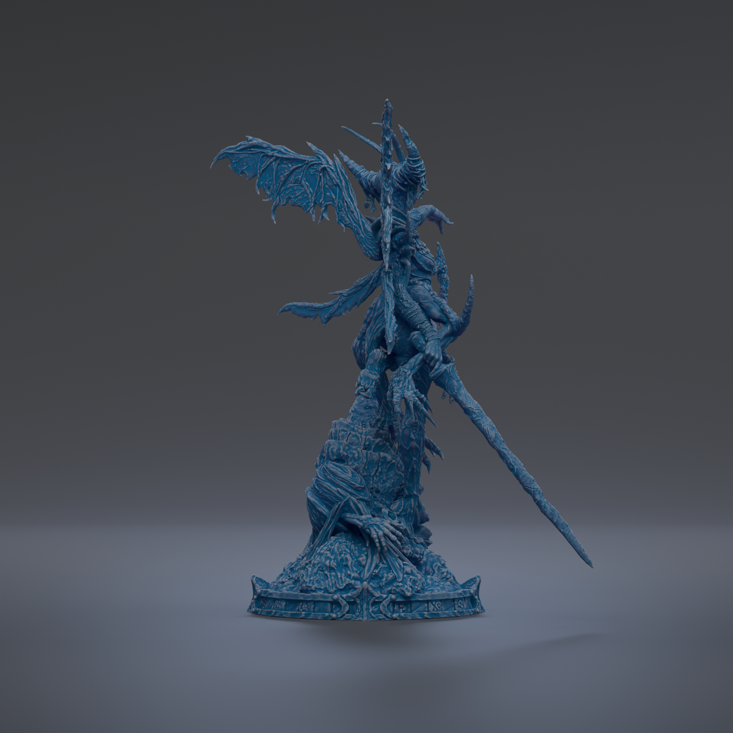 A 3D rendering of a blue, winged creature with a long, curved weapon, standing on a rock formation.