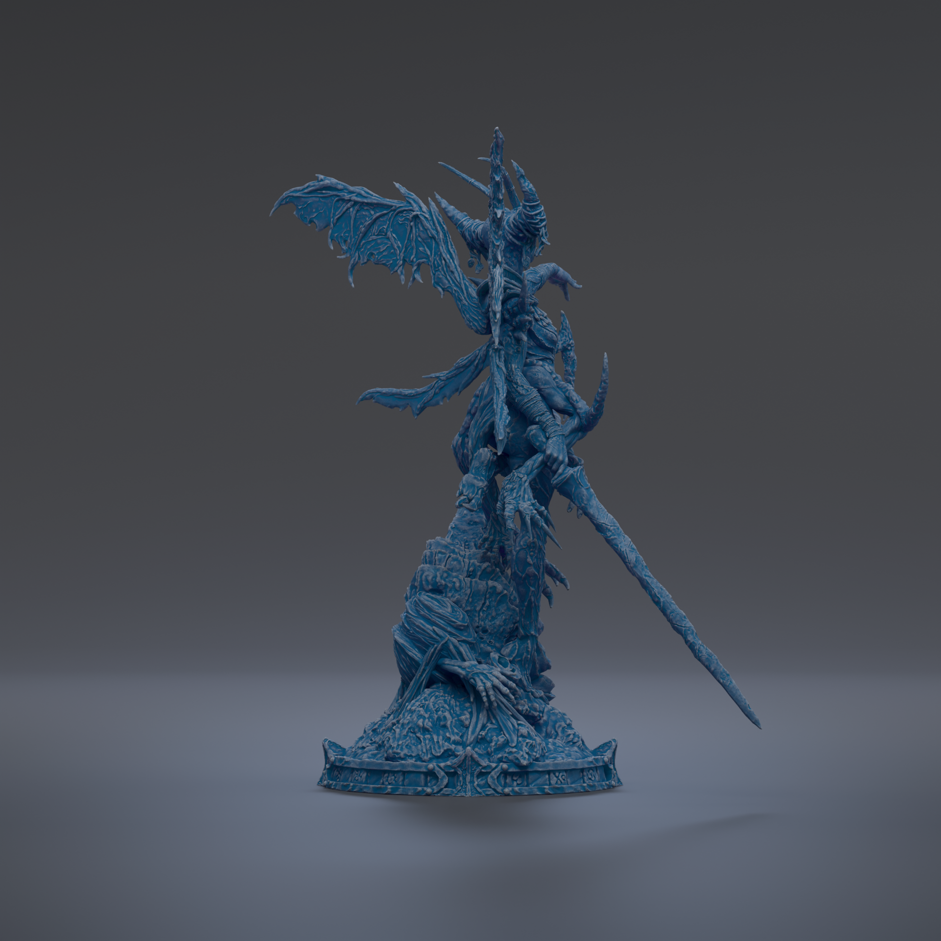 A 3D rendering of a blue, winged creature with a long, curved weapon, standing on a rock formation.