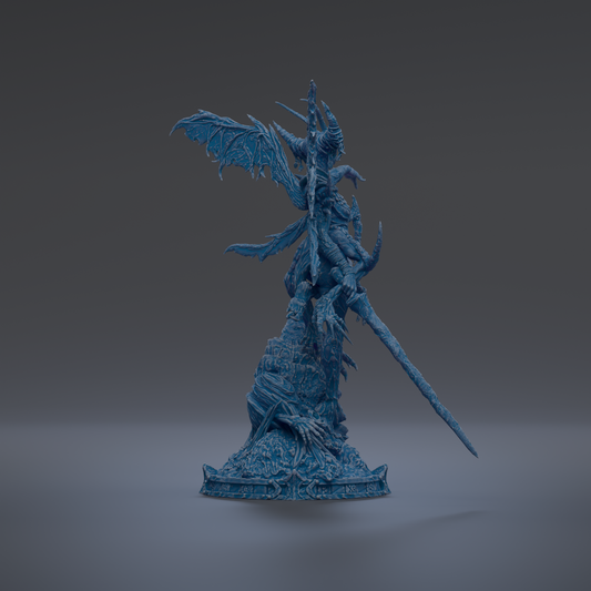 A 3D rendering of a blue, winged creature with a long, curved weapon, standing on a rock formation.