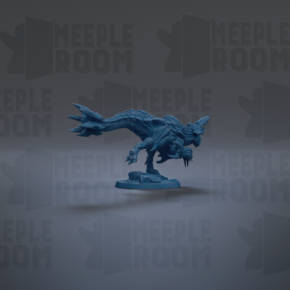 A blue figurine of a dragon-like creature is shown against a dark background with repeated text.