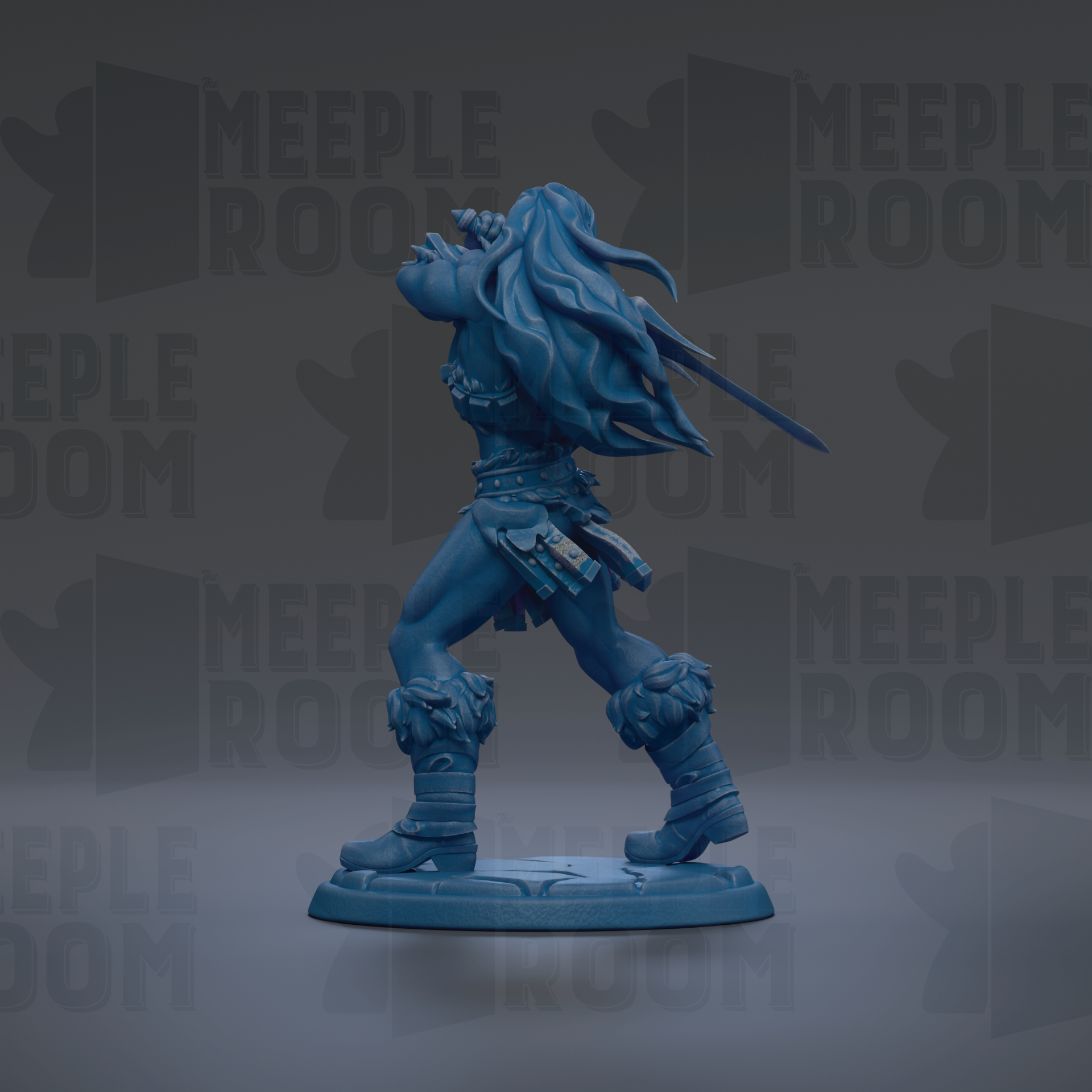 A blue figurine of a warrior standing on a base, with a sword in hand, against a dark background with repeated text.
