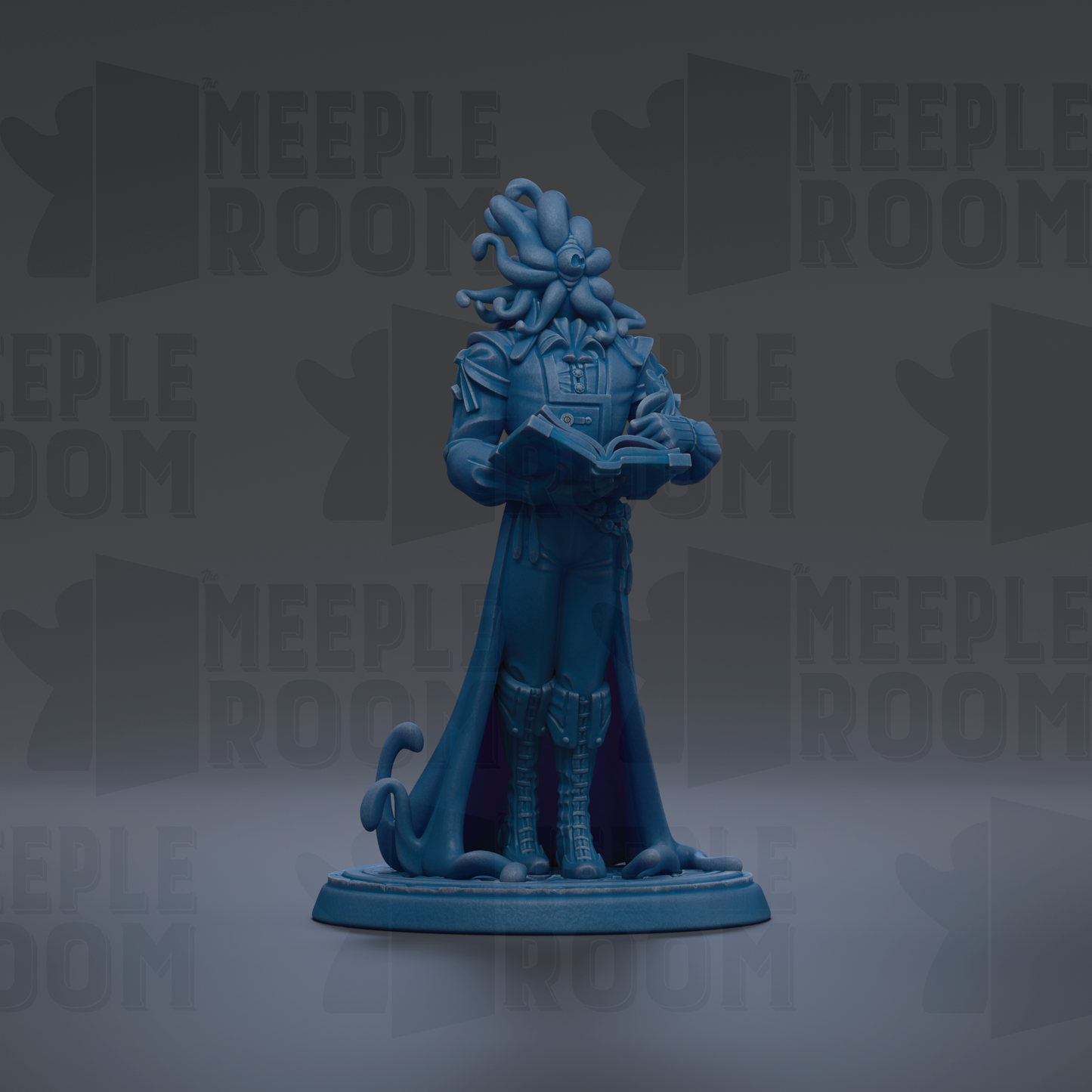 A blue figurine of a character with tentacles, holding a book, is the main focus of the image.