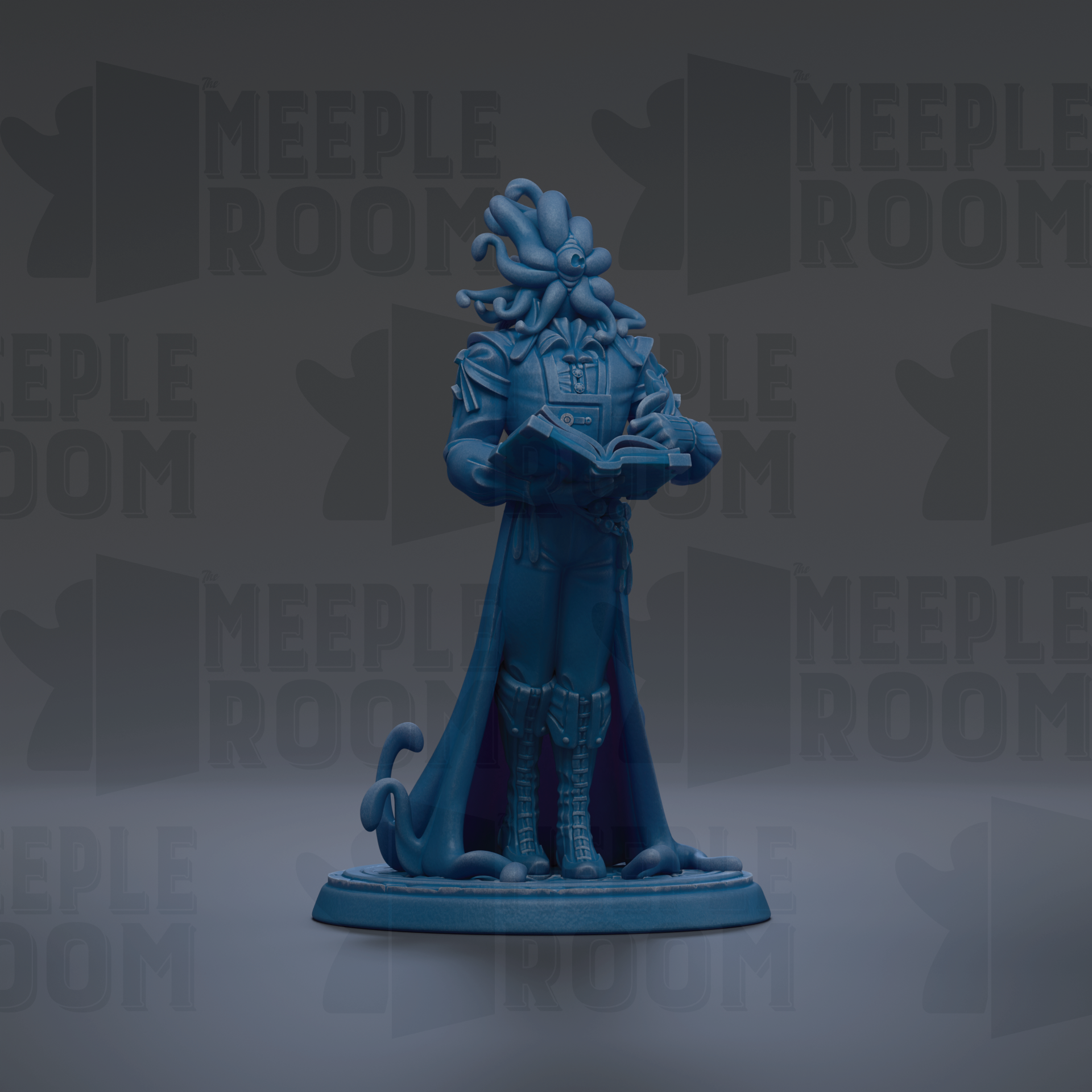 A blue figurine of a character with tentacles, holding a book, is the main focus of the image.
