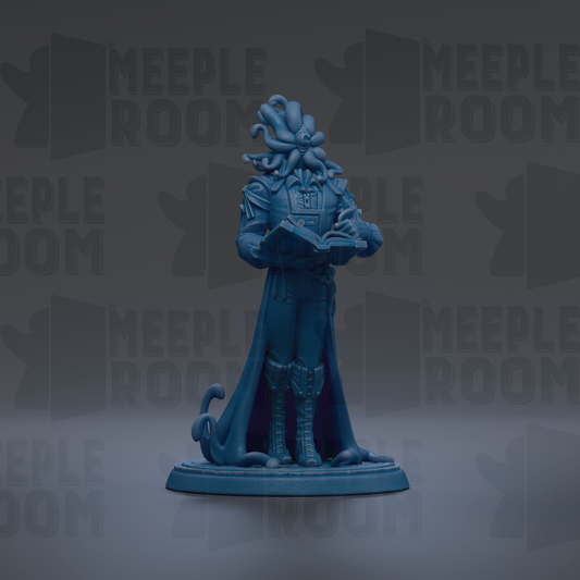 A blue figurine of a character with tentacles, holding a book, is the main focus of the image.