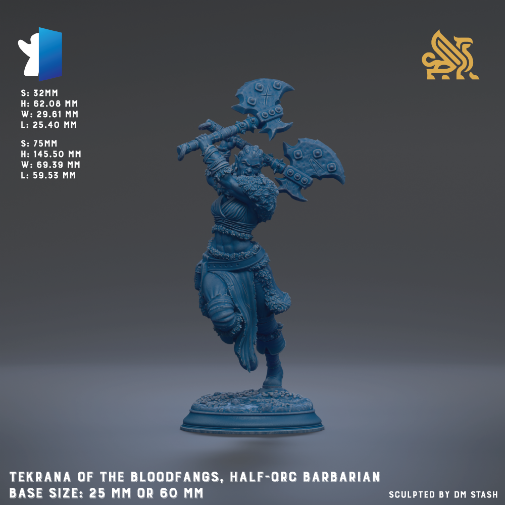 The image is a figurine of a half-orc barbarian from the video game Tekkana of the Bloodfangs, depicting a warrior wielding a sword and shield. The figurine is shown in a dynamic pose, with the warrior's sword and shield raised. The base size of the figurine is 25 mm or 60 mm.