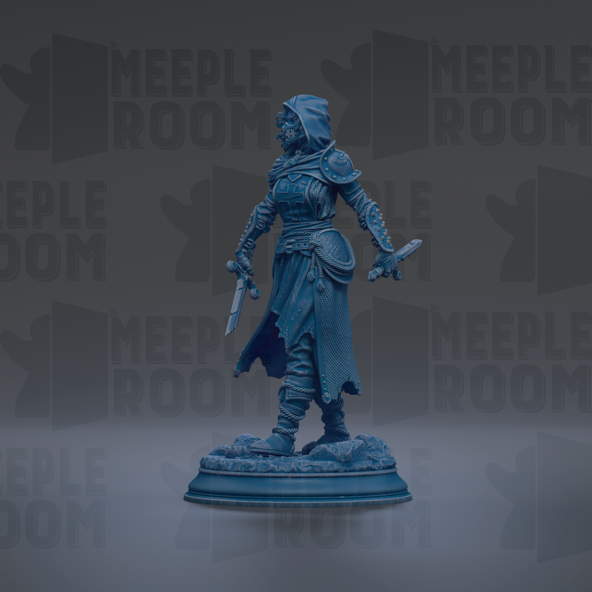 A blue statue of a warrior figure holding a sword and shield, standing on a pedestal against a dark background with repeated text.