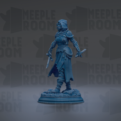 A blue statue of a warrior figure holding a sword and shield, standing on a pedestal against a dark background with repeated text.