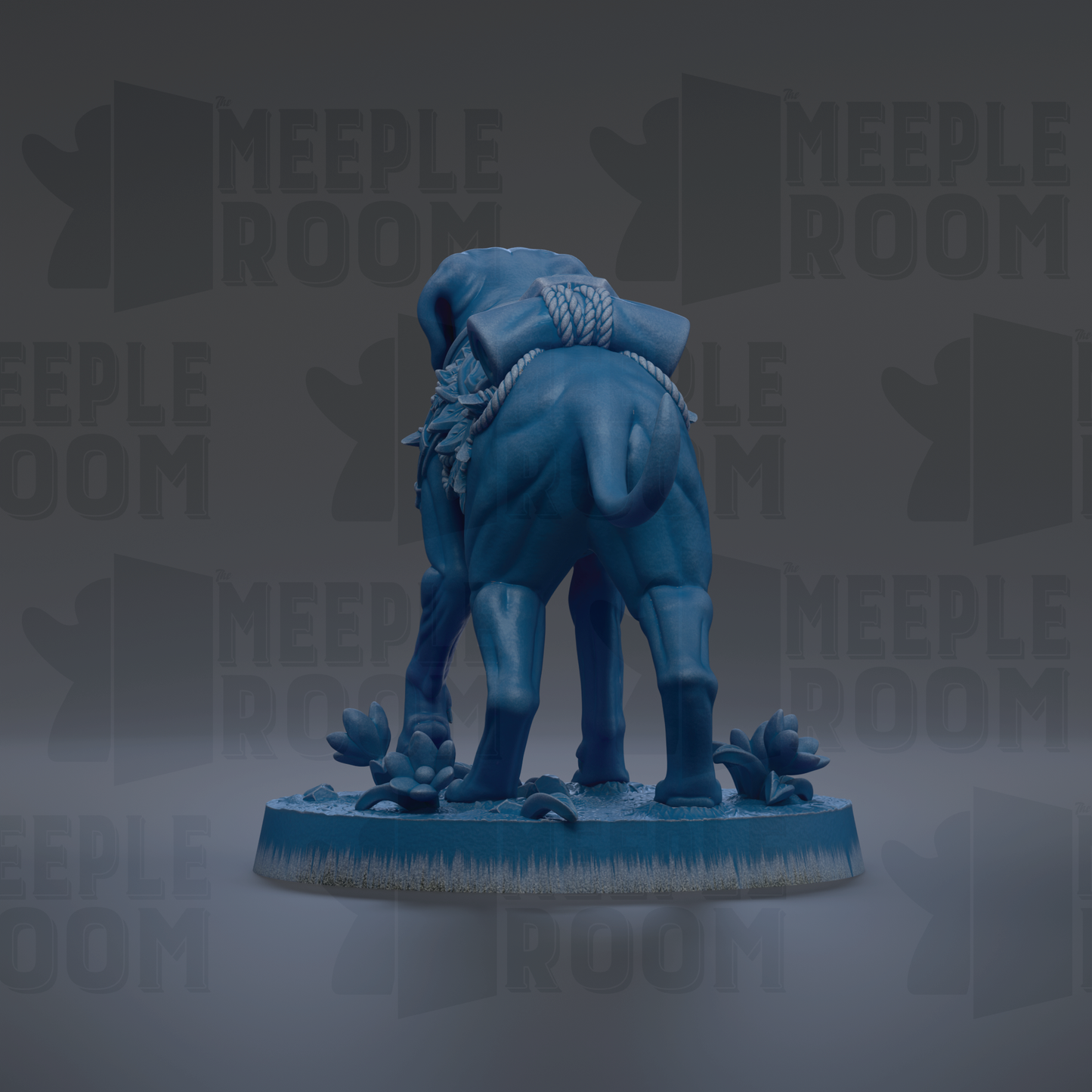 A blue statue of a dog with a backpack on its back, standing on a blue base with flowers.