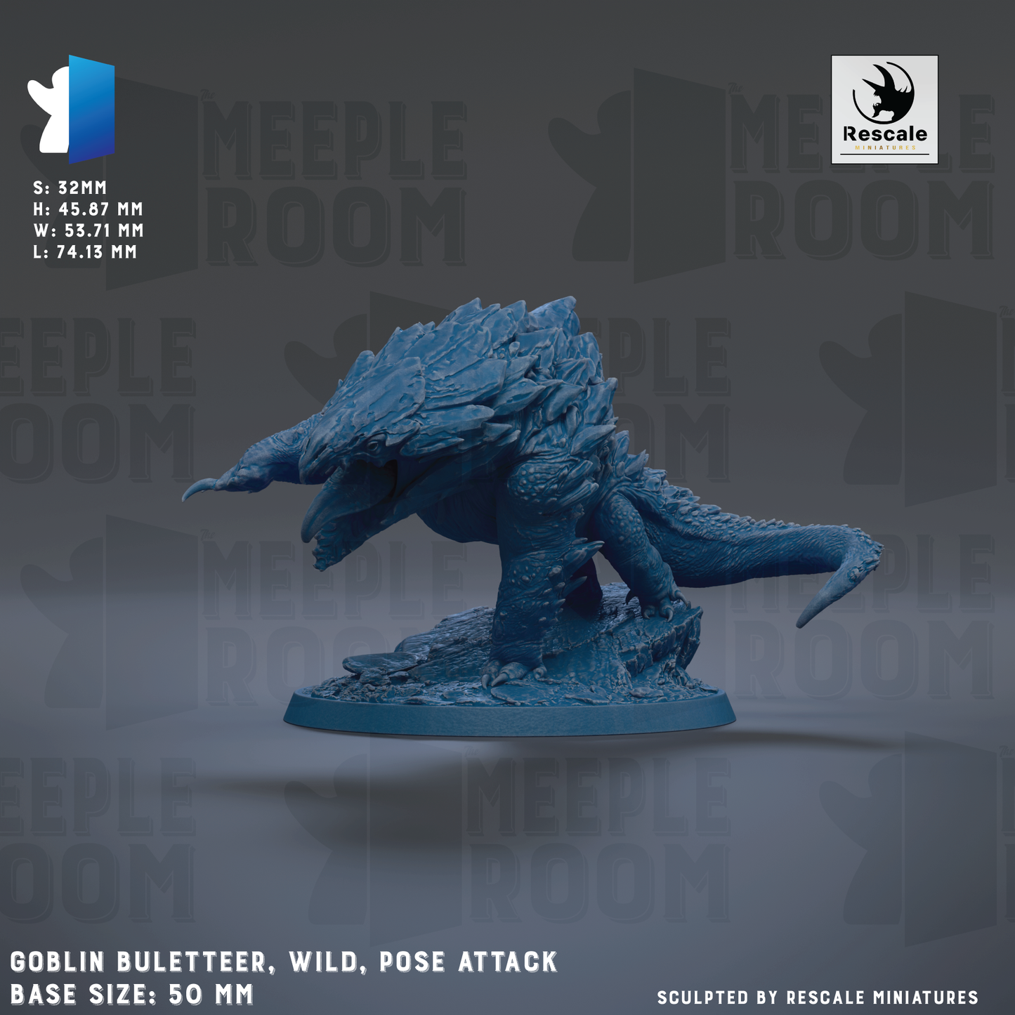 The image is a detailed model of a blue, fantastical creature resembling a dragon or serpent, with intricate textures and features. The creature is posed in a dynamic, wild, and aggressive stance, suggesting it is ready for an attack. The image is a miniature of the creature, likely created by a sculptor, and is displayed against a dark background with repeated text and logos. The base sizes of the model are 50 mm, indicating its size relative to the other models in the collection.