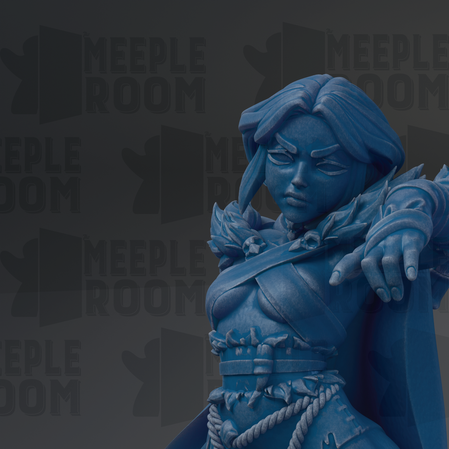A blue statue of a female character with a fierce expression, wearing a cape and holding a weapon, is the main focus of the image.