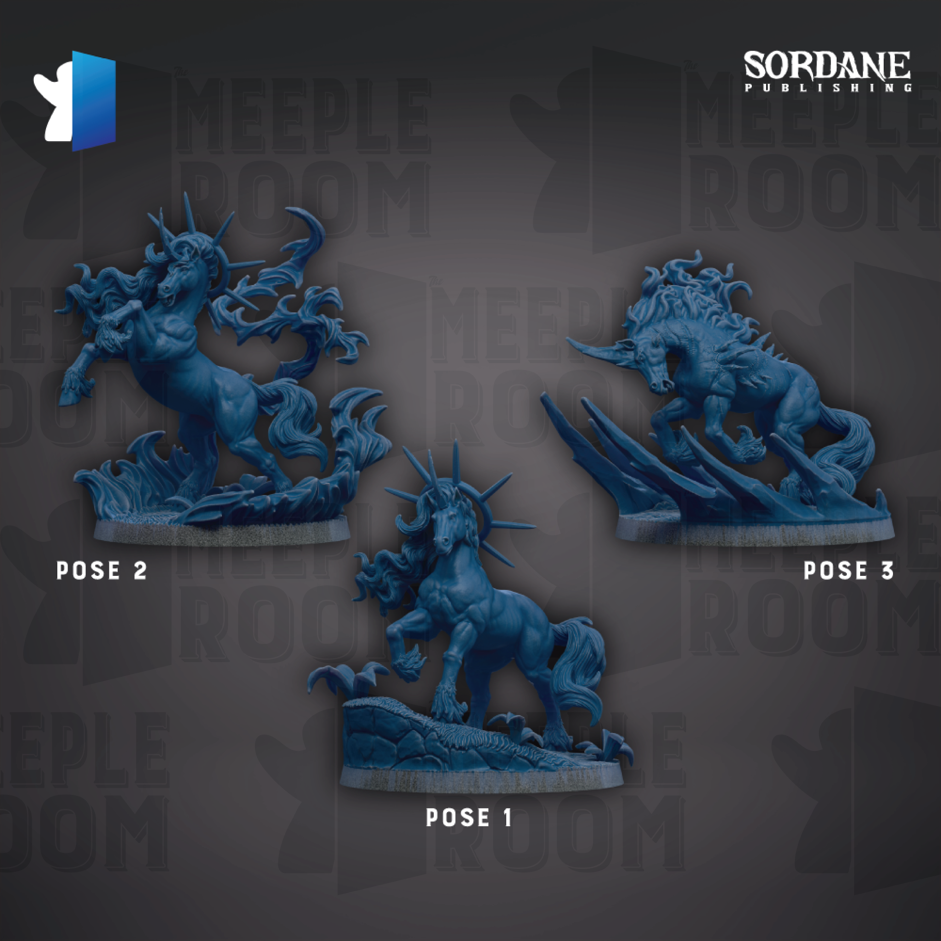three blue figurines of horses, each in a different pose, arranged against a dark background.