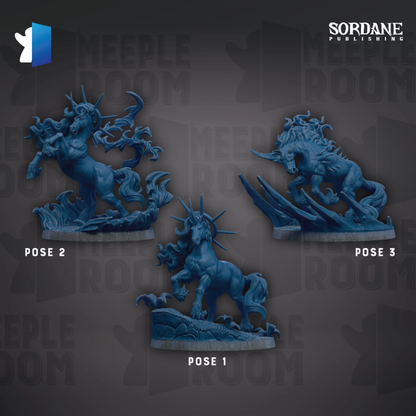 three blue figurines of horses, each in a different pose, arranged against a dark background.