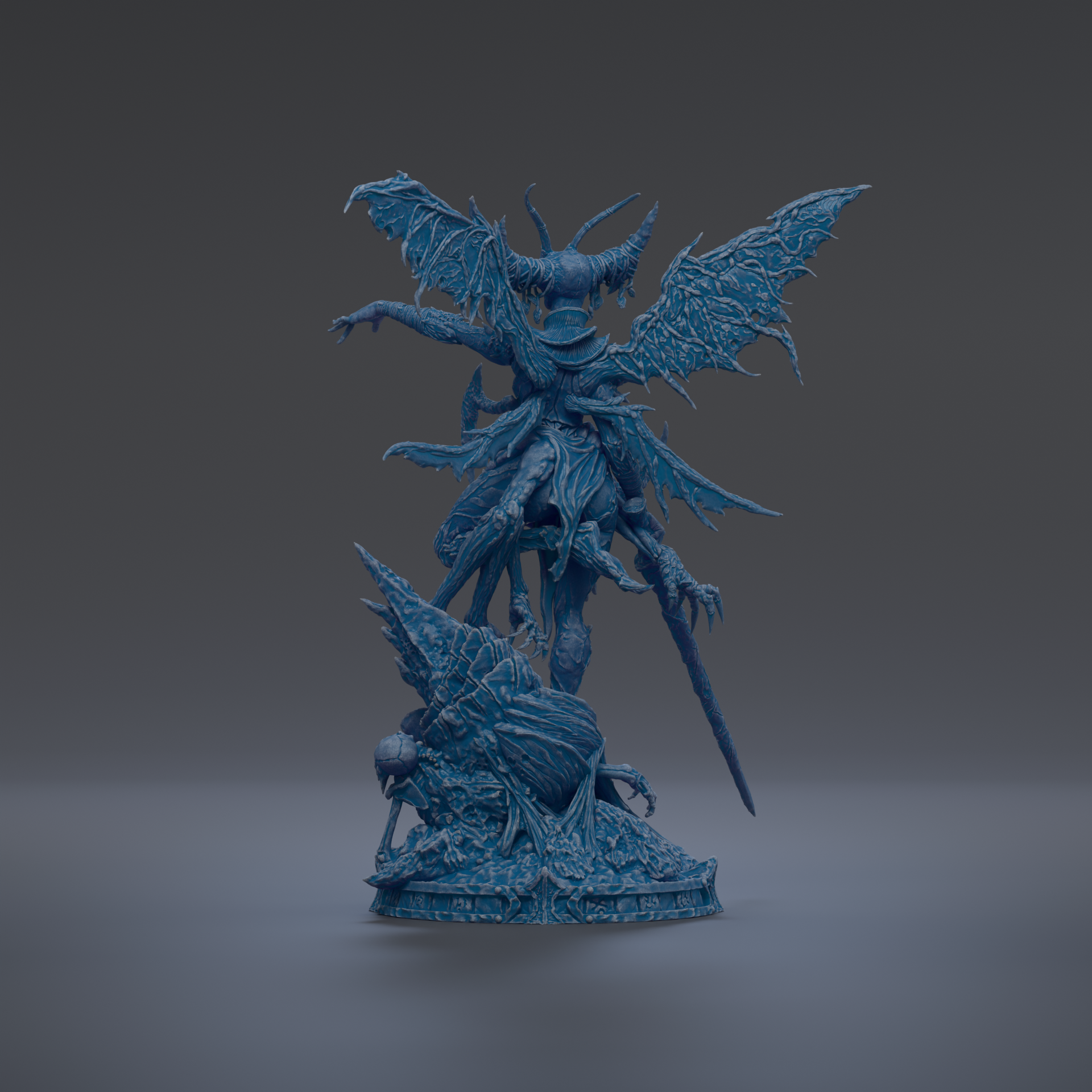 A 3D rendering of a fantastical creature with wings, claws, and a fierce expression, standing on a pedestal.
