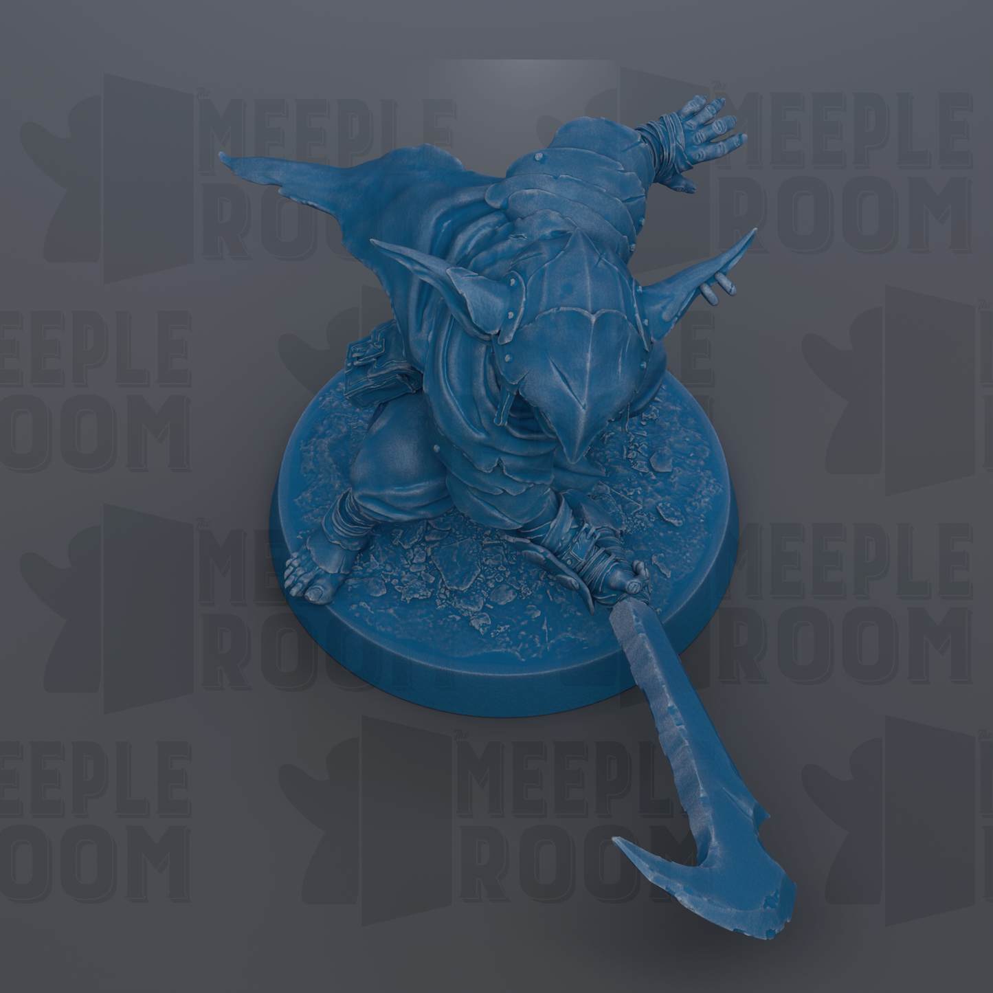 A blue figurine of a creature with a pointed weapon, possibly a sword or spear, is shown in the image.