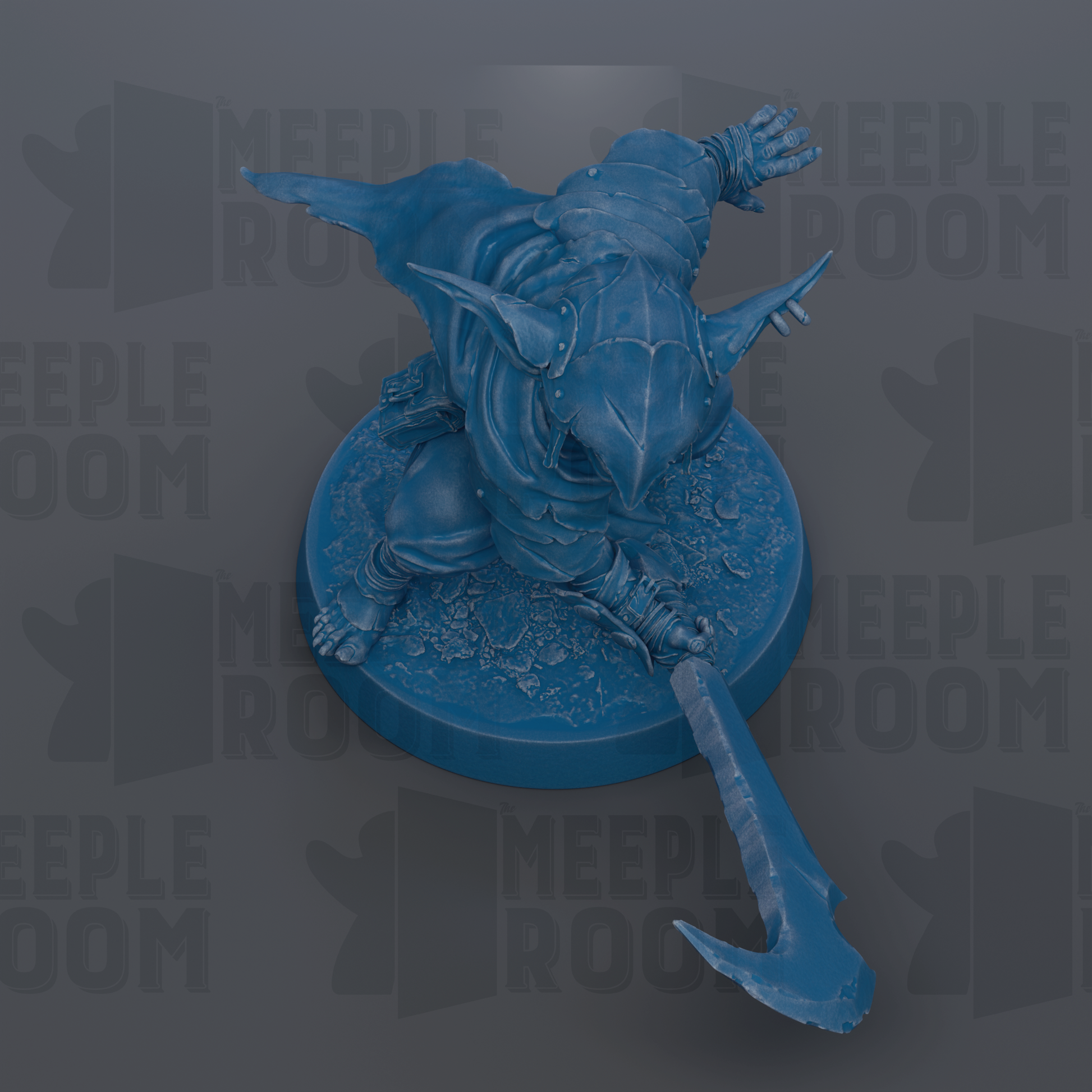 A blue figurine of a creature with a pointed weapon, possibly a sword or spear, is shown in the image.