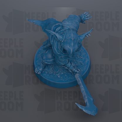 A blue figurine of a creature with a pointed weapon, possibly a sword or spear, is shown in the image.