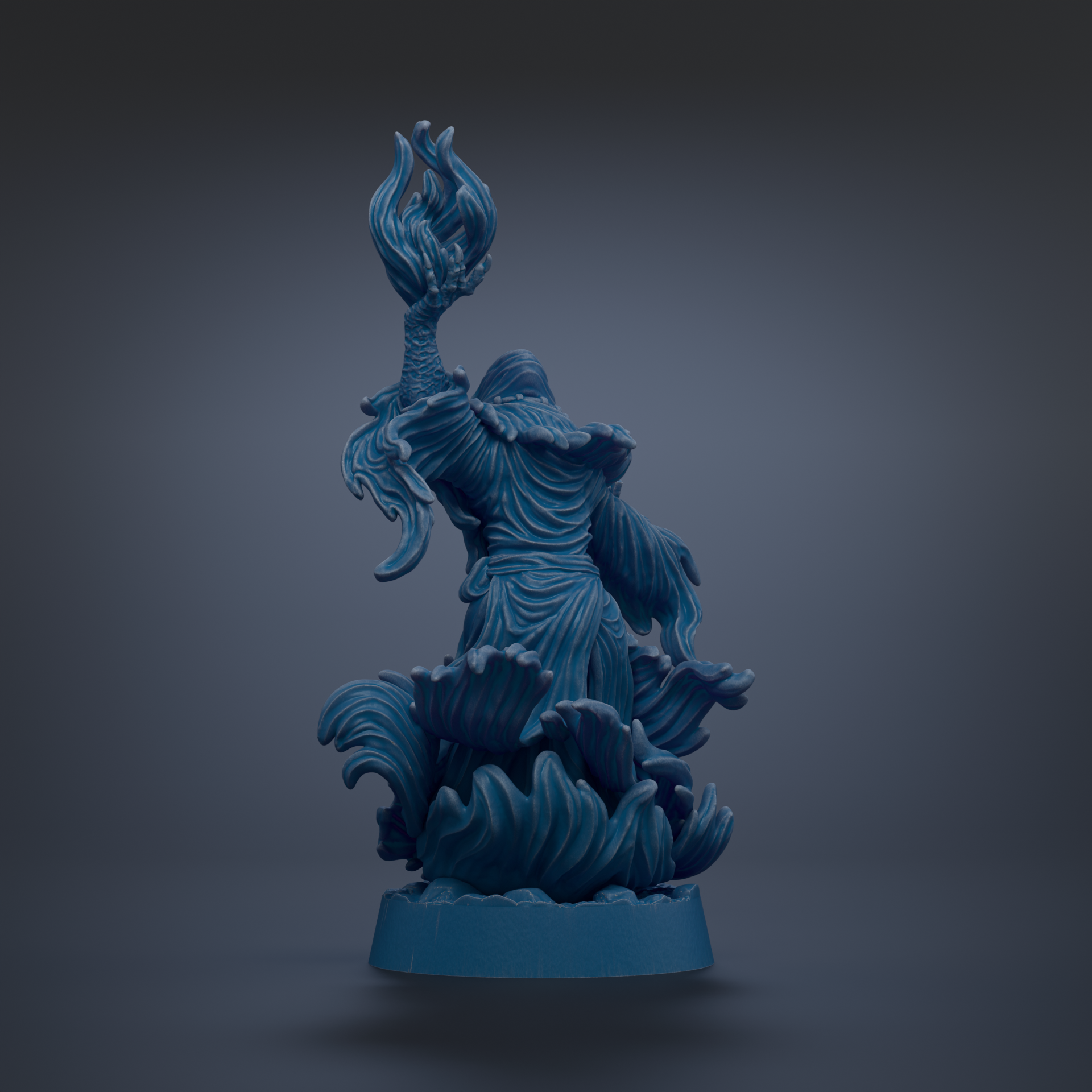 A blue, 3D-rendered statue of a figure with flowing, wave-like hair and a raised fist, standing on a blue base against a dark background.