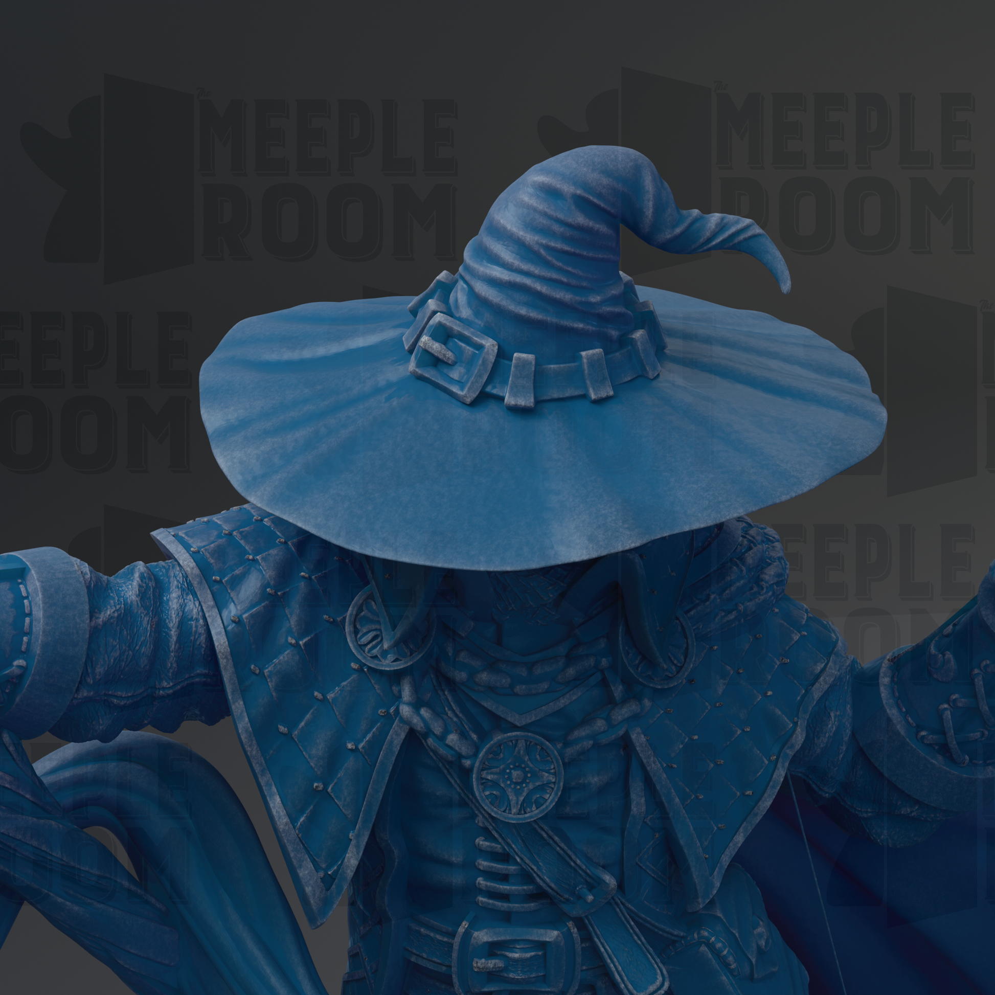 A close-up of a blue wizard's hat with a pointed brim and a wide brim, along with a detailed robe and a belt.