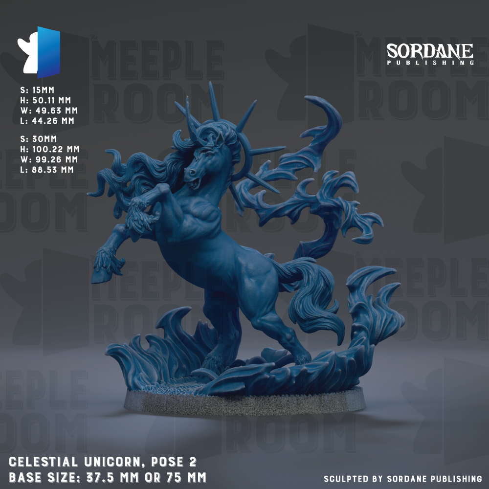The image is a detailed 3D rendering of a celestial unicorn statue, with a base size of 37.5 mm or 75 mm. The statue is posed in a dynamic, standing position with a flowing mane and tail. The background features the words "SORDANE PUBLISHING" and "MEOPLE ROOM" repeated multiple times, suggesting the image is part of a larger collection or series.