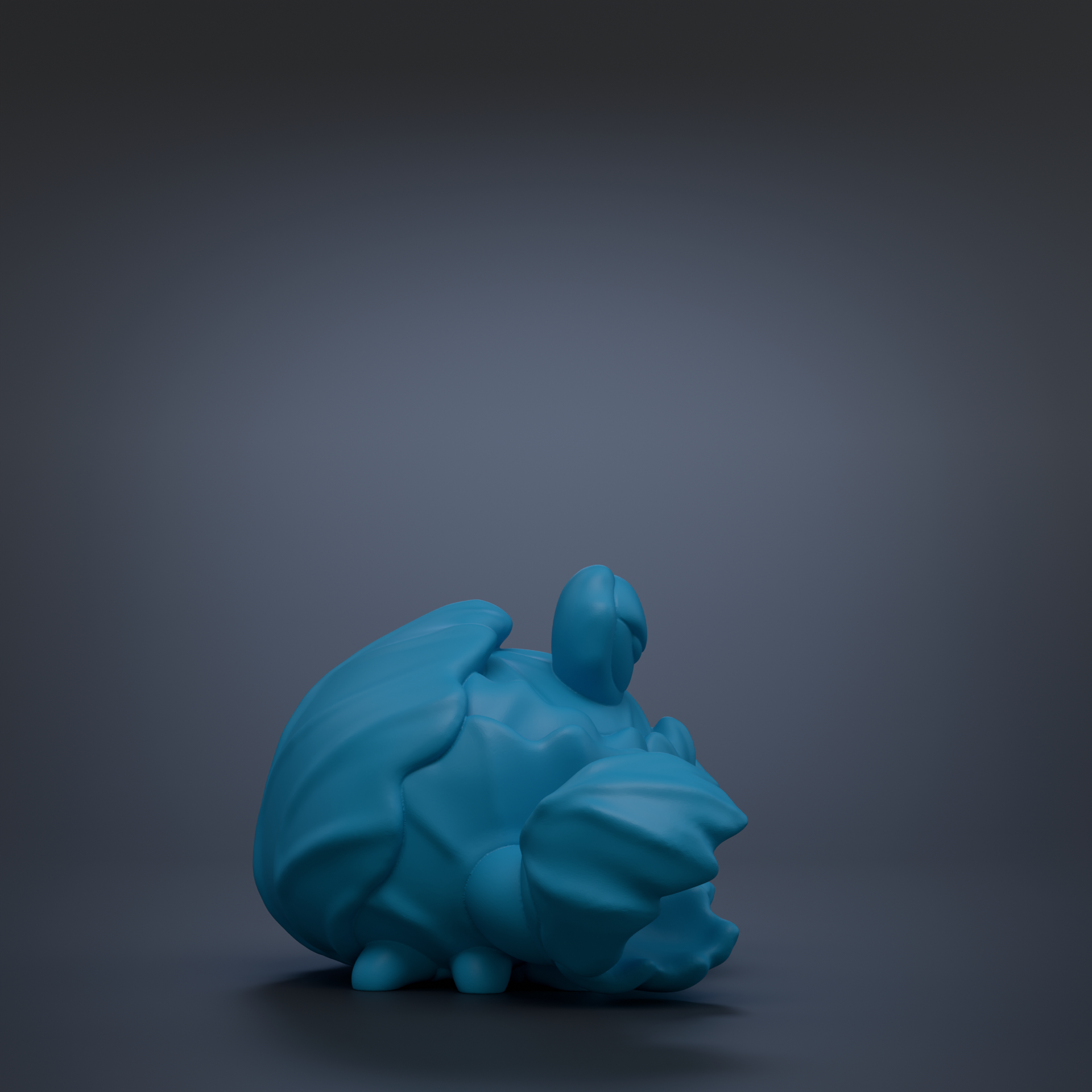 A blue, 3D-rendered toy or figurine is shown against a dark background.