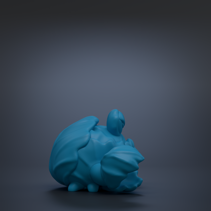 A blue, 3D-rendered toy or figurine is shown against a dark background.