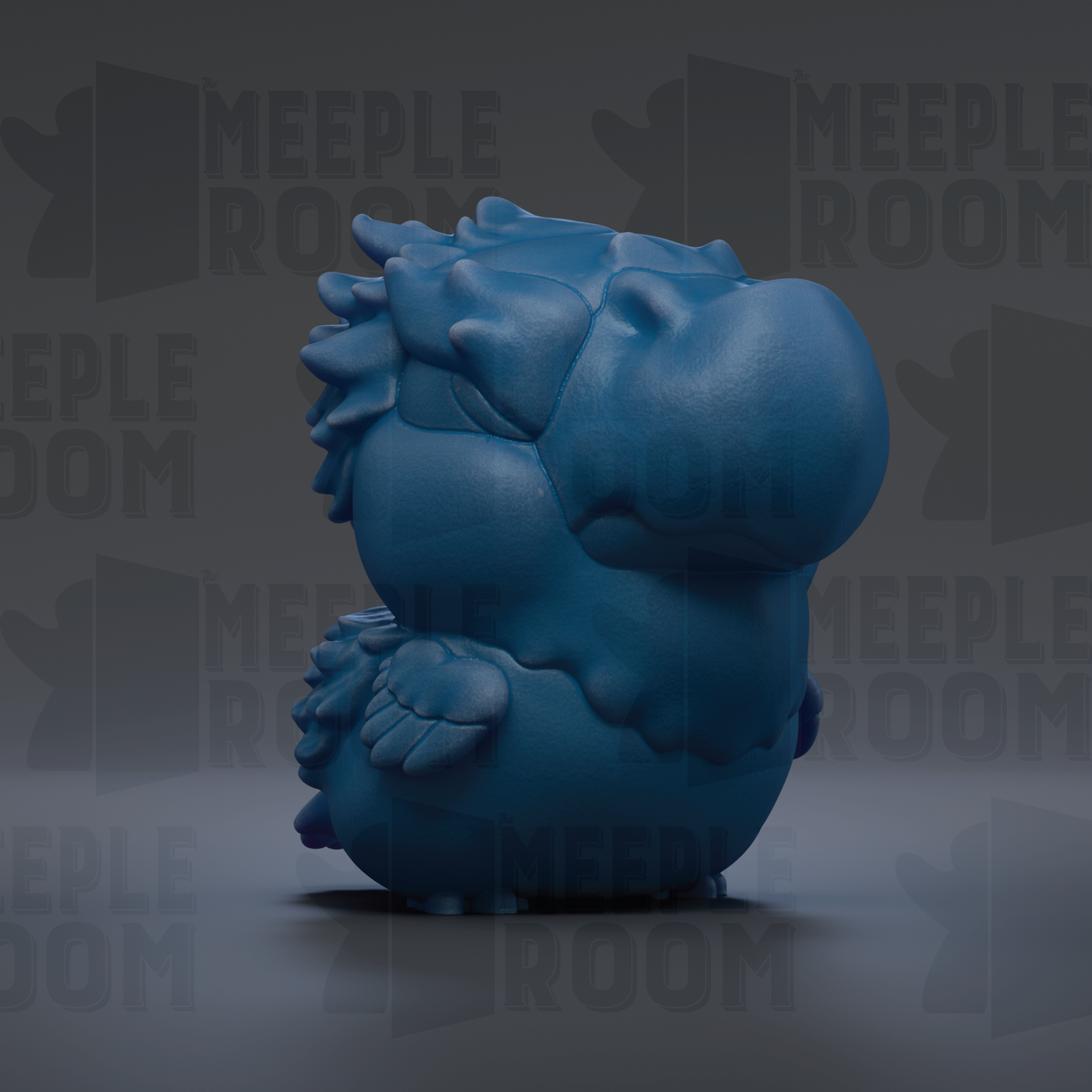 A blue, 3D-rendered bird figurine is shown against a dark background with repeated text.