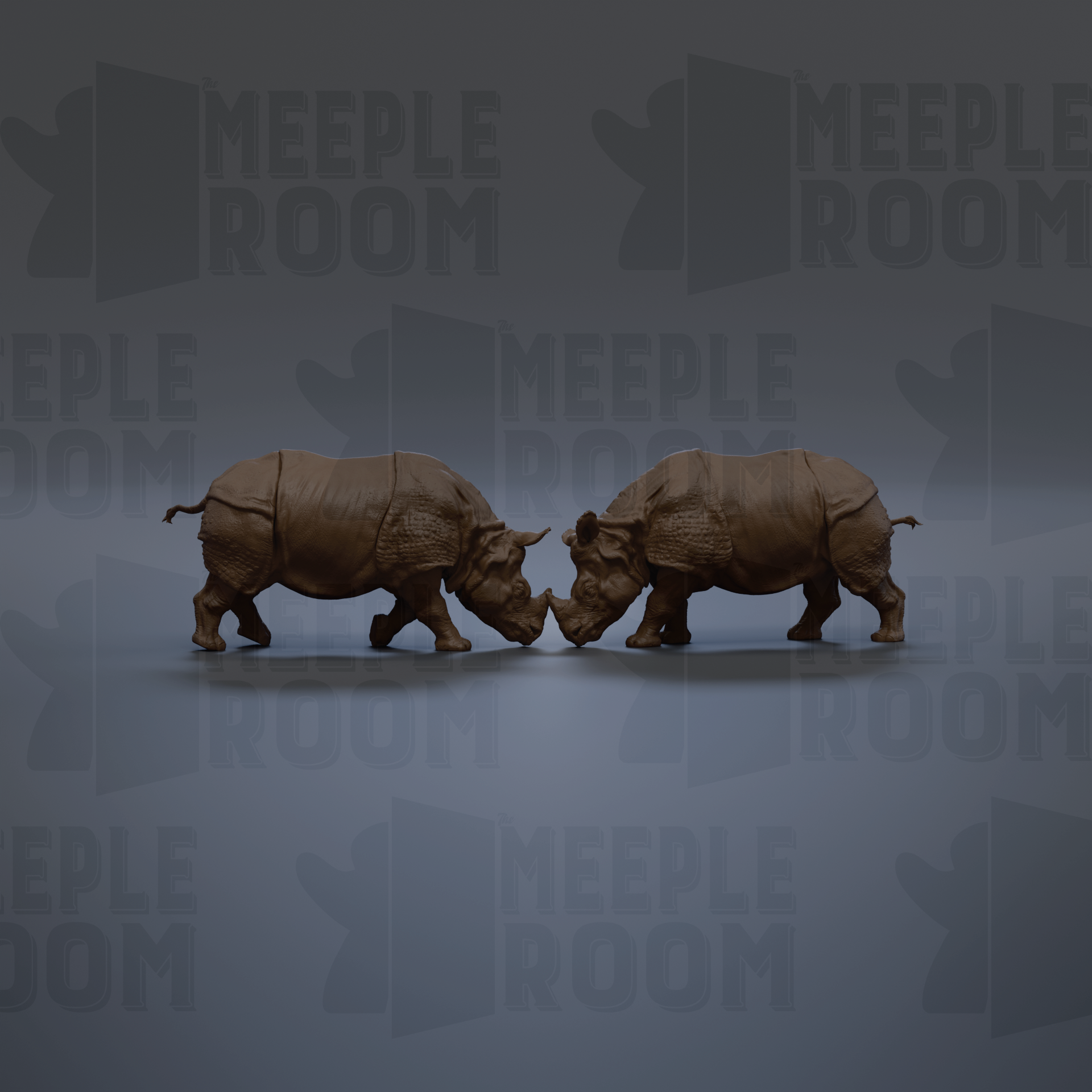 Two rhinoceros figurines facing each other, with the text "MEIPLROOM" repeated in the background.