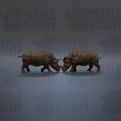 Two rhinoceros figurines facing each other, with the text "MEIPLROOM" repeated in the background.